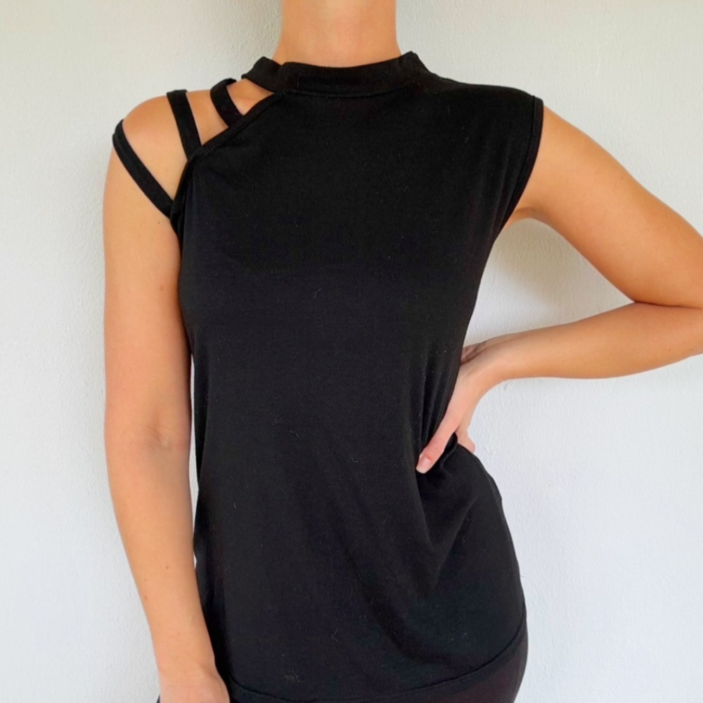 ELINGS black strappy cut out asymmetrical cotton tank top size XL
